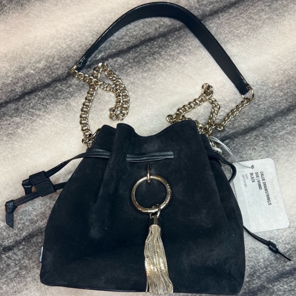 Jimmy Choo Callie Drawstring/S Black Suede Handbag Crossbody Shoulder Bag